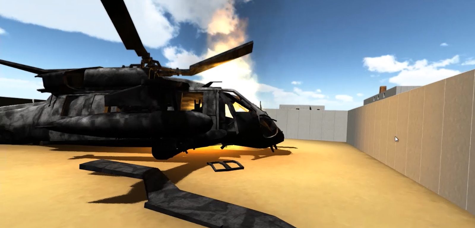 Rendered 3D simulation of a training compound and downed aircraft, built for immersive tactical training scenarios