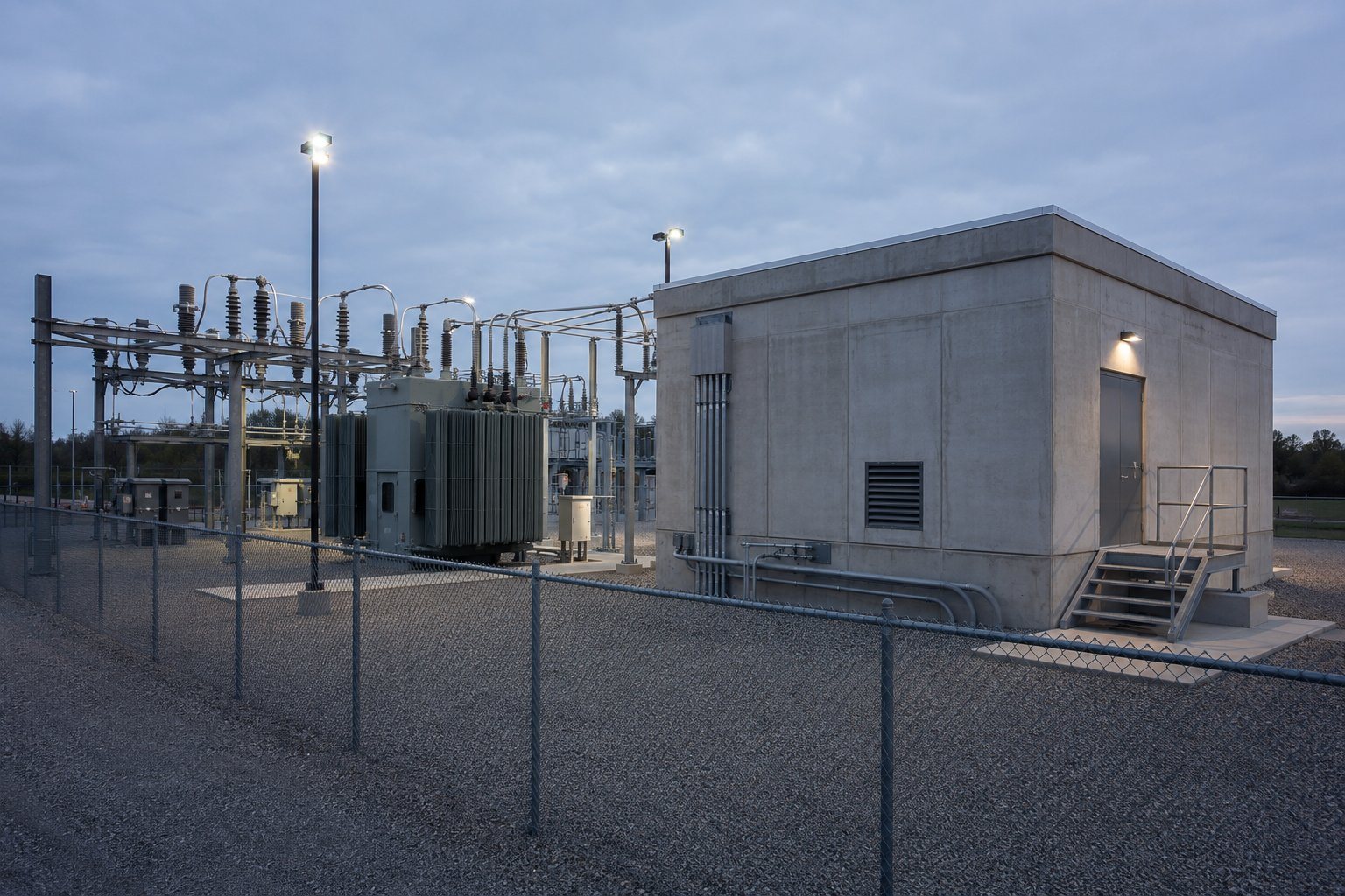 A precast concrete equipment shelter protecting critical infrastructure at a utility substation