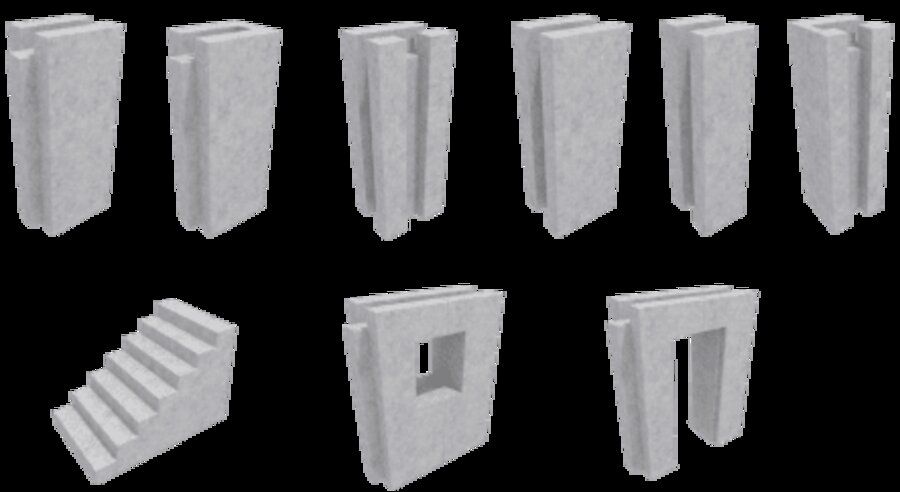 Amidon Ballistic Concrete modular building block components, including wall panels, a stair unit, and door and window openings