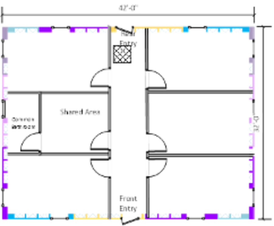 Floor plan schematic of an Amidon Gauntlet training module showing a shared central area and surrounding rooms