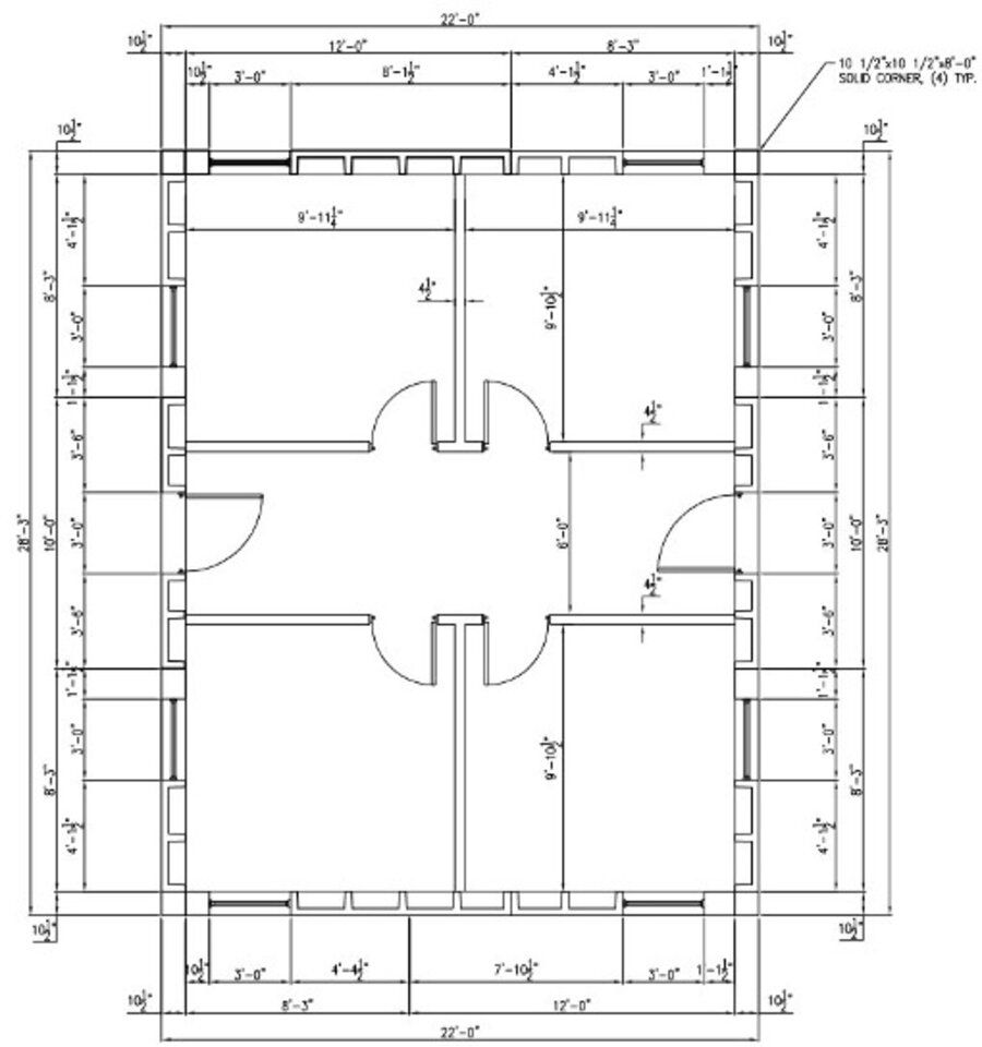 Floor plan schematic of a four-room Amidon Gauntlet training module with solid corner construction