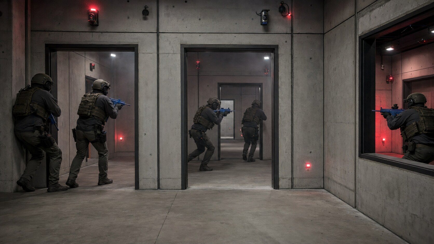 Concept visualization of controlled force-on-force training inside a Gauntlet environment