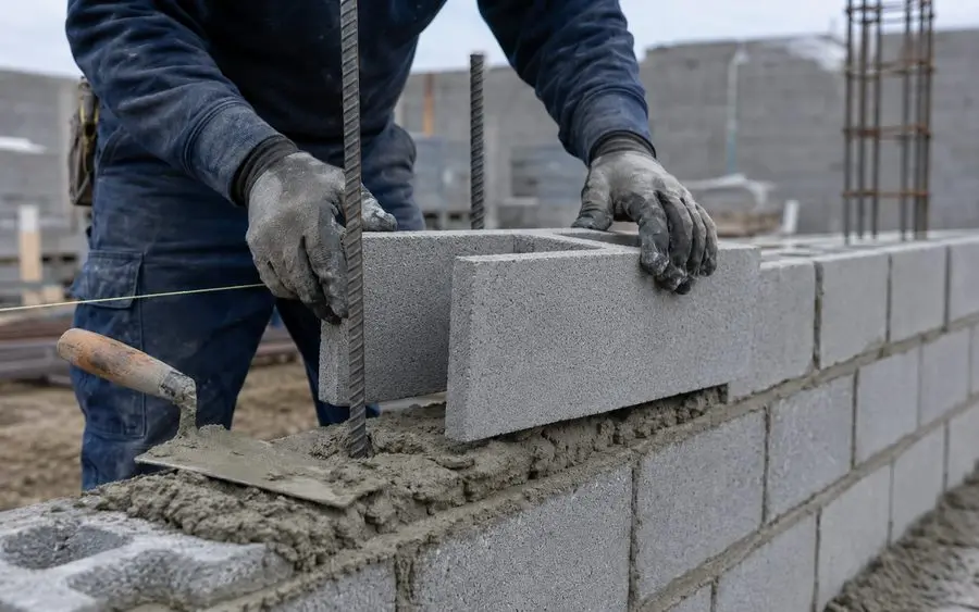 Mason installing ArmorBlock with reinforcing steel in place