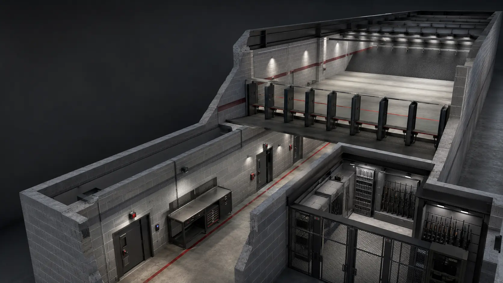 Conceptual cutaway of an indoor small arms range, weapons corridor and secure storage areas