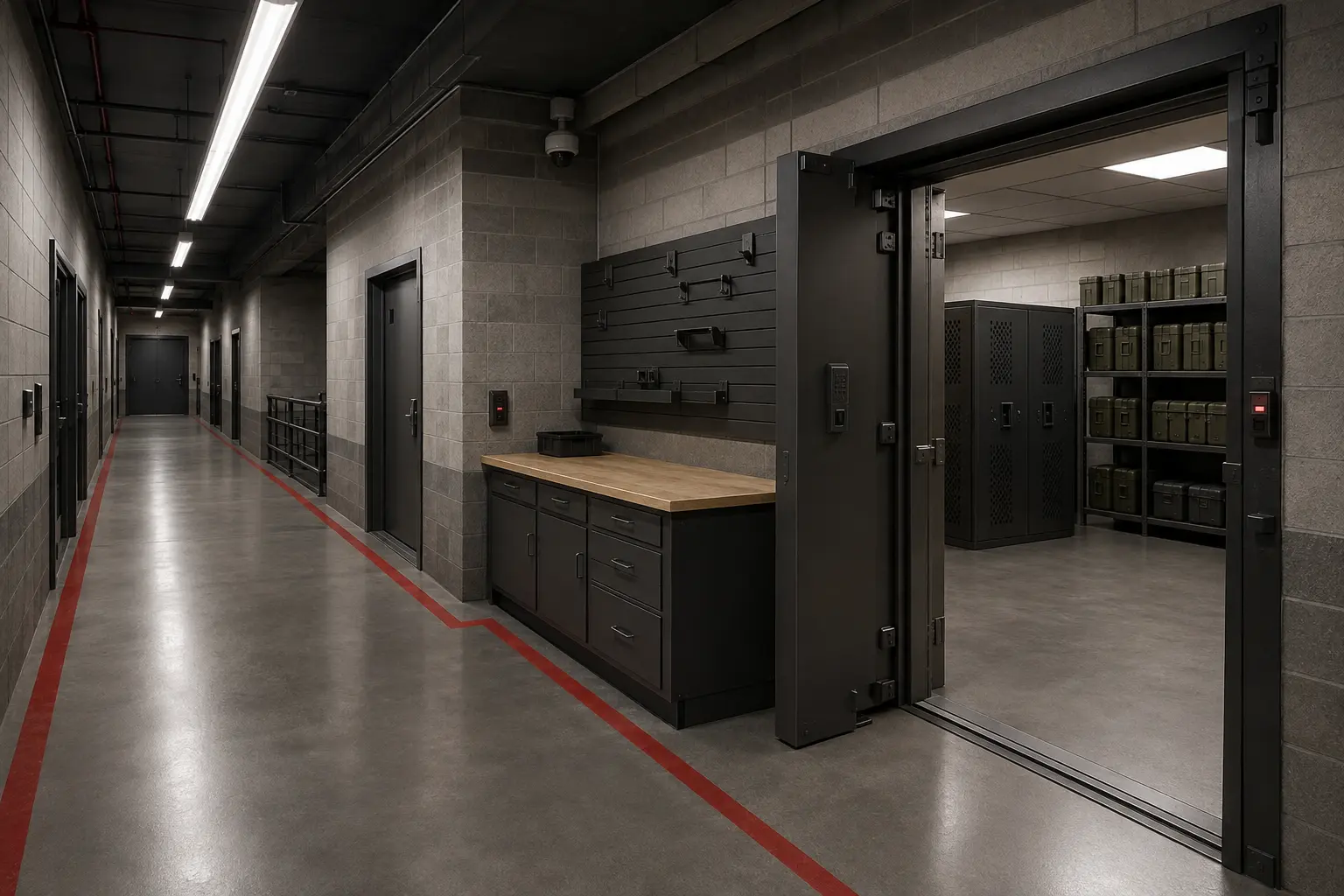 Conceptual hardened weapons movement corridor connected to secure storage
