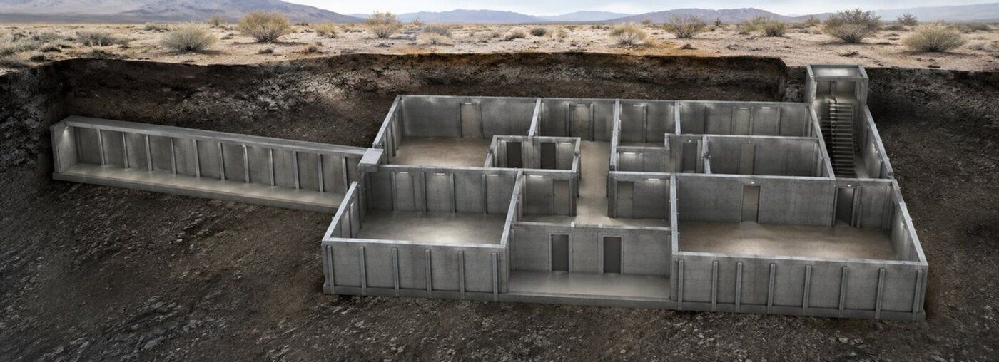 Cutaway rendering of a modular precast ballistic concrete complex showing multiple interconnected rooms and corridors