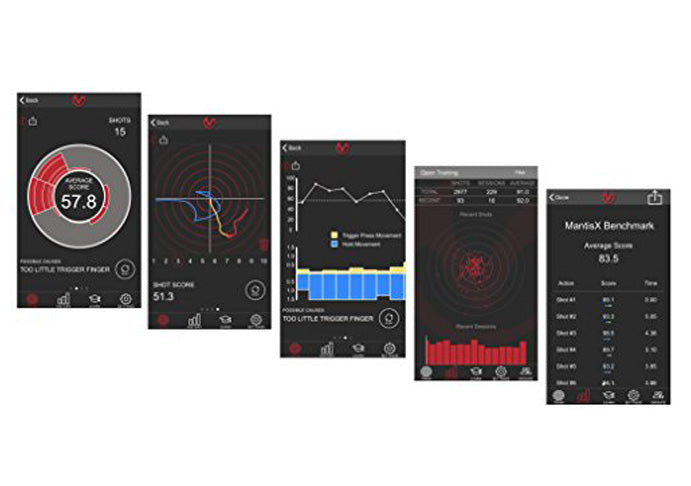 MantisX app screens showing shot scores, muzzle traces, movement analysis and session history