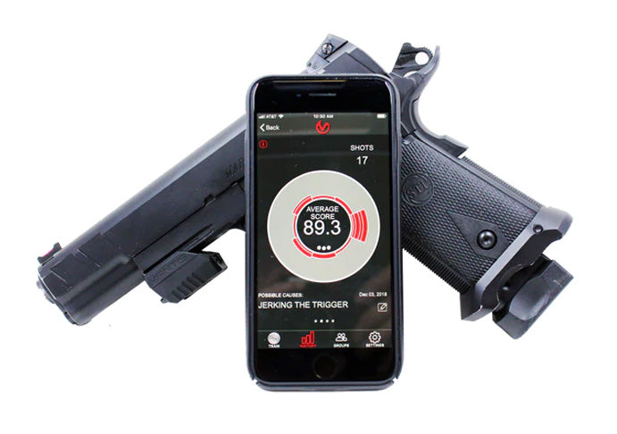 Mantis X10 Elite sensor mounted on a pistol beside the Mantis training app