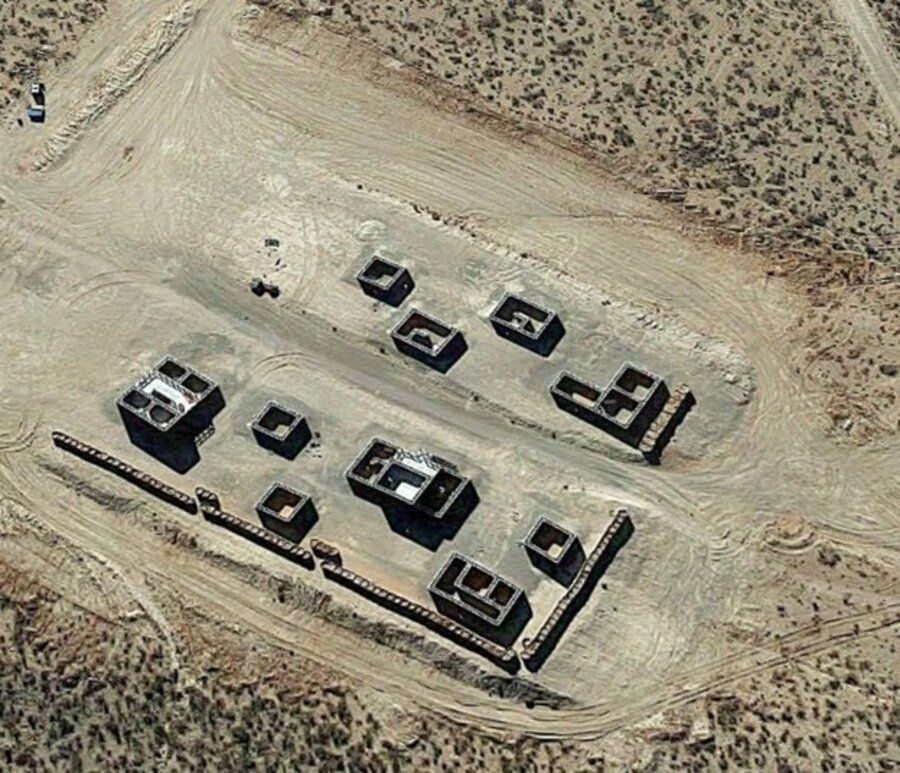 Aerial view of a multi-functional urban training complex at Fort Bliss, Texas