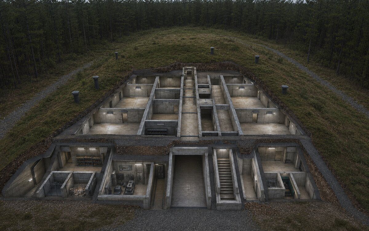 Optional cutaway concept showing the roofed training complex with earth berming