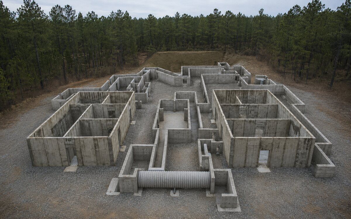 Concept showing existing shoot houses connected by full-height tactical passages before roofing