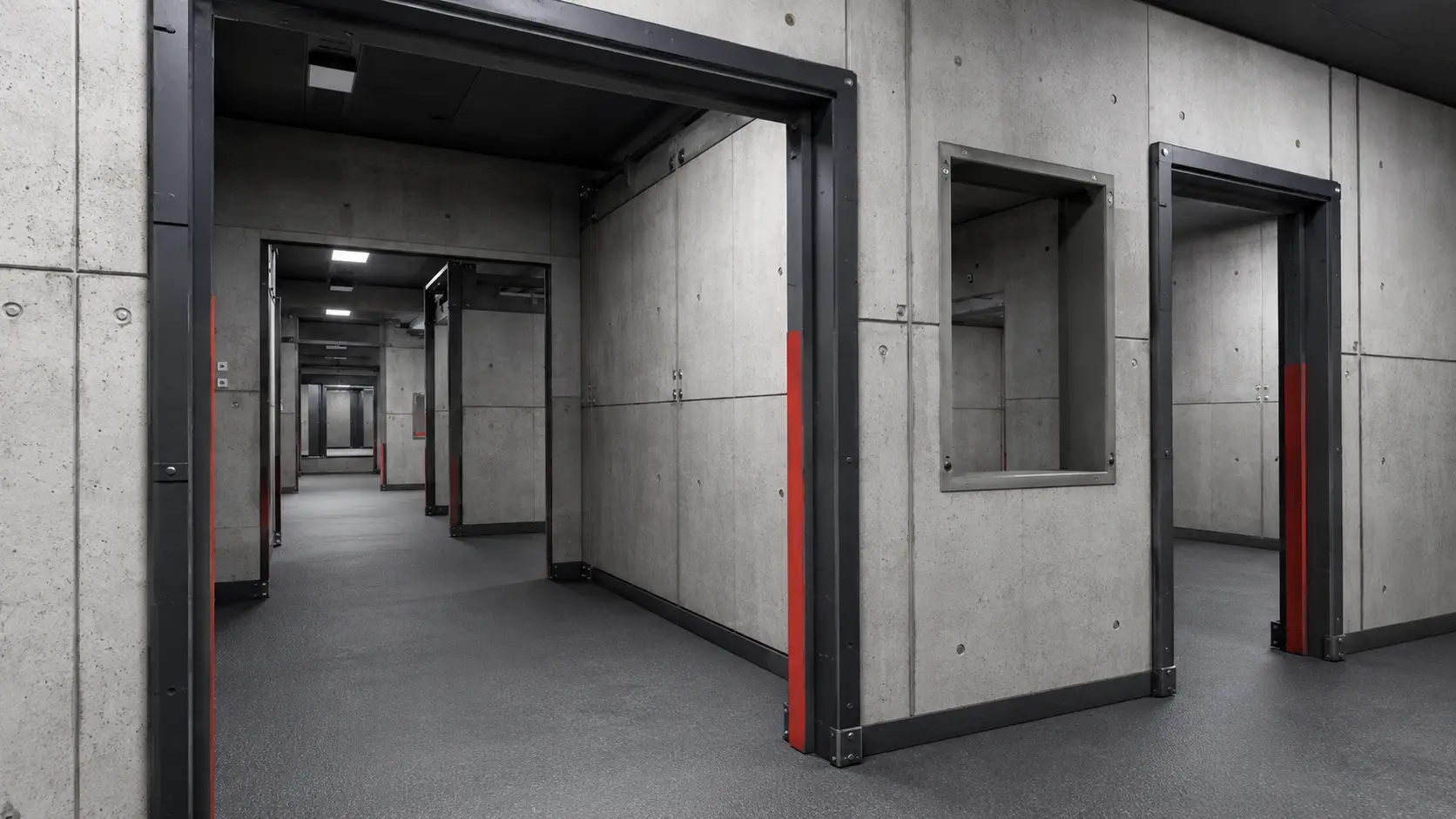 Interior of a modular Amidon ballistic-concrete shoot house