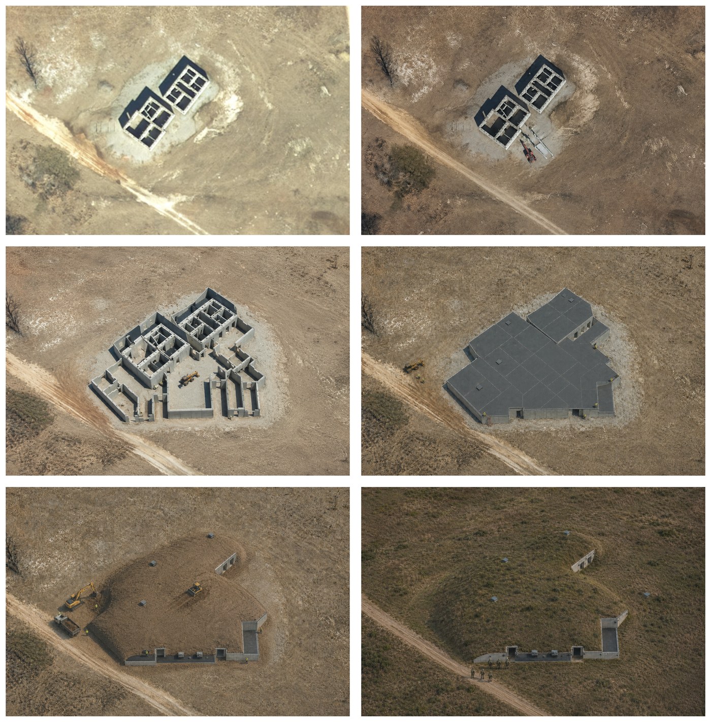 Six-panel aerial progression showing an existing shoot house converted in phases into a covered, earth-bermed subterranean training complex