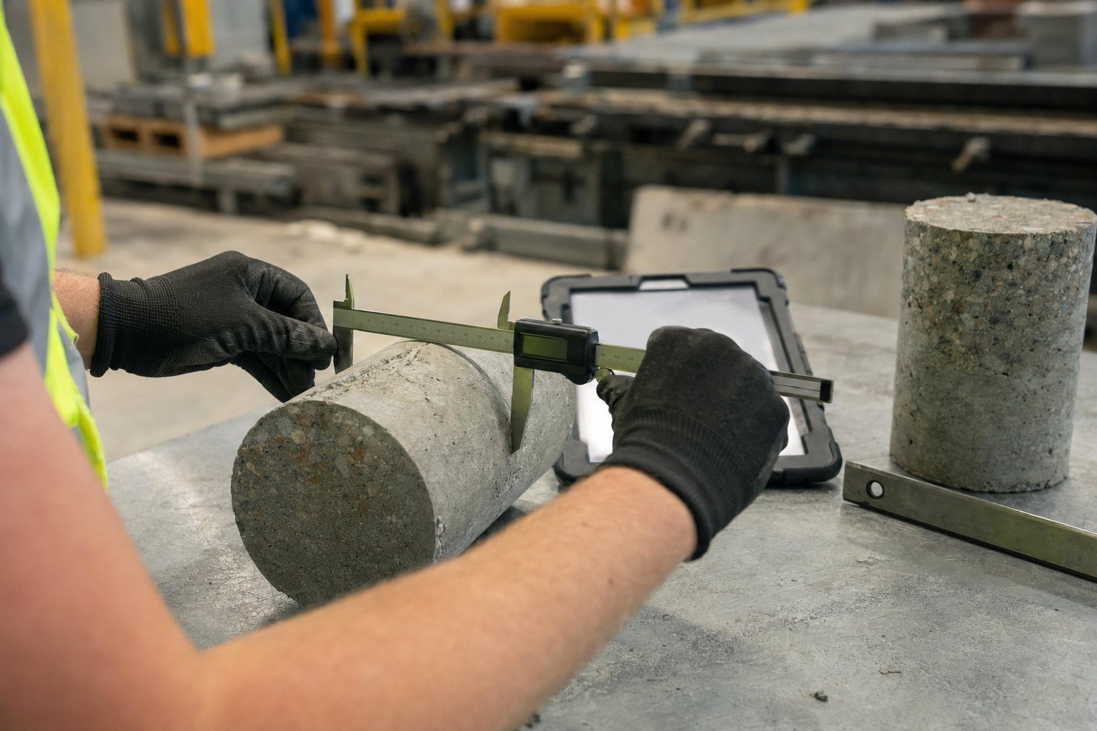 A quality technician measuring a cast ballistic concrete core sample with digital calipers